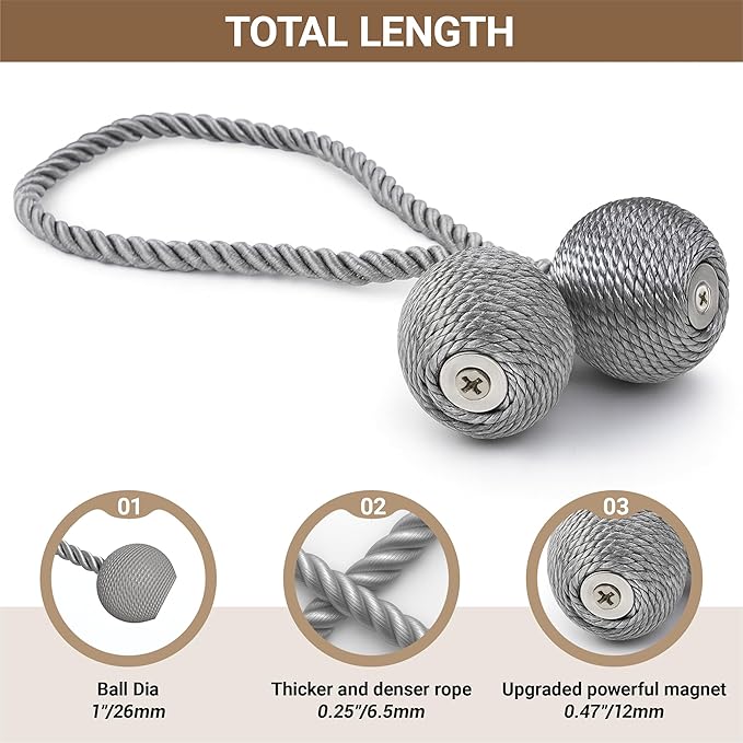 Hion Magnetic Curtain Tiebacks Grey 6 Pack, Curtain Tiebacks Buckles Holdbacks Holders Hooks Clip for Home Bedroom Office Decorative Thick or Thin Curtain