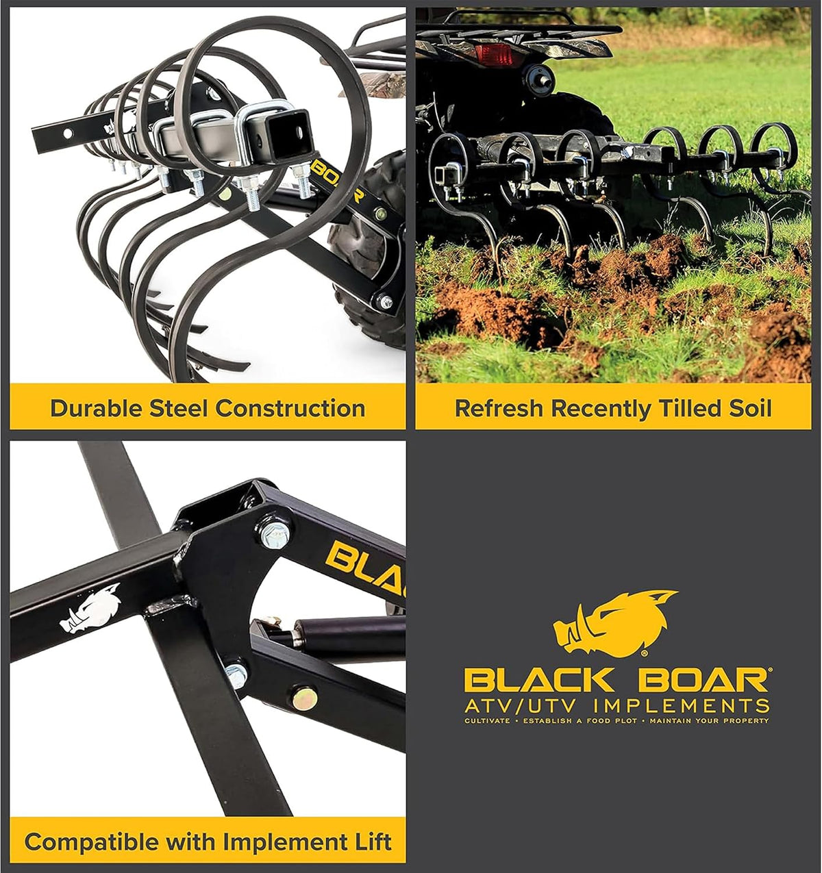 black boar atv utv s-tine cultivator implement, 6 shown in use