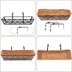 6pcs 24 Inch Window Deck with Coco Liner, 24" Window Boxes Horse Trough with Coconut Coir Liner, Metal Hanging Flower Planter Window Basket Deck Railing Planter Boxes for Outdoor Indoor Lawn