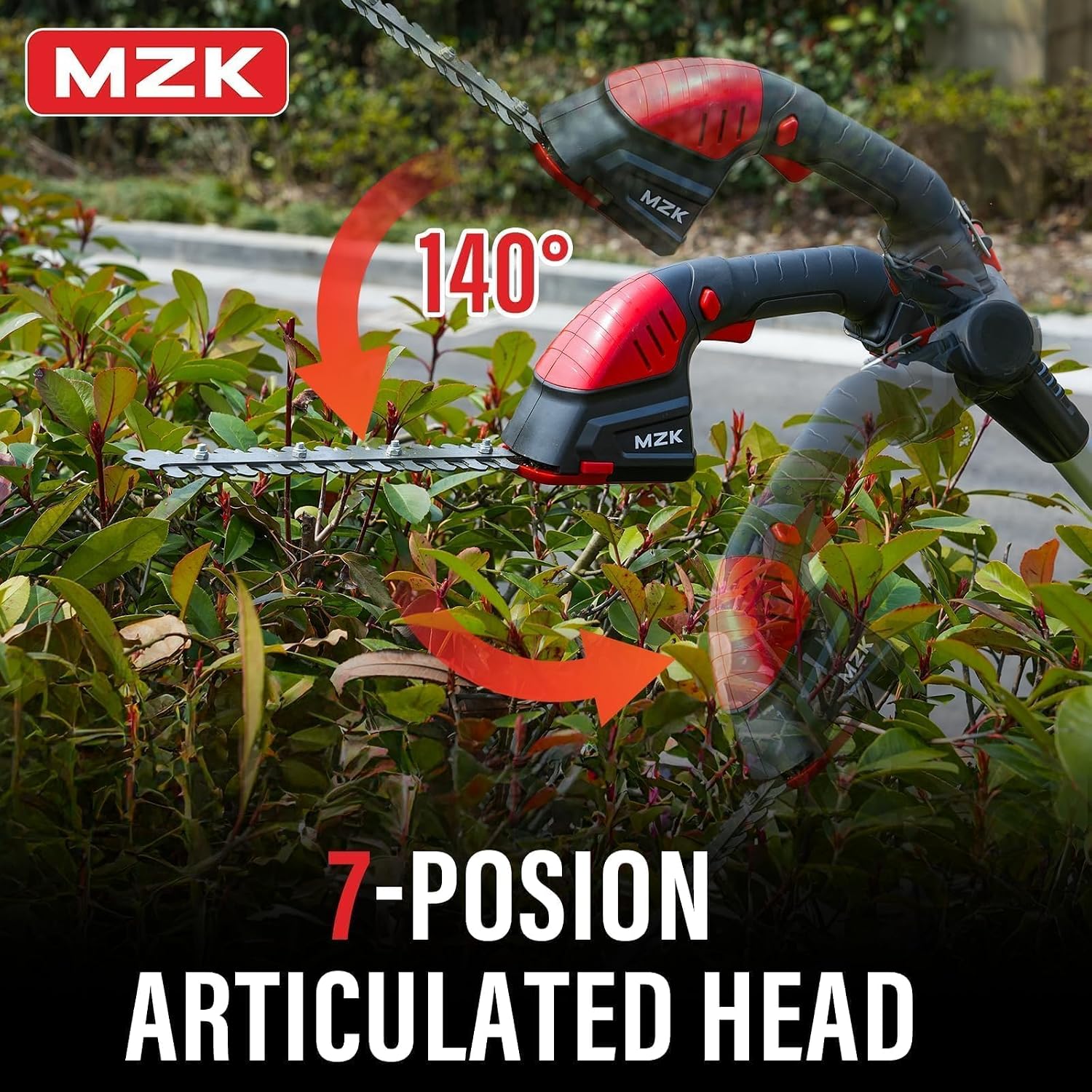 MZK 20V 2-in-1 Pole Hedge Trimmer & Grass Shear, 13-Foot Reach | Multi-angle cordless trimmer with extension pole for hedges, grass shearing, shrubs, and yard care.