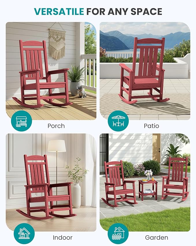 SERWALL Oversized Outdoor Rocking Chair, All-Weather Patio Rocking Chair, HDPE Porch Rocker for Adults, Red