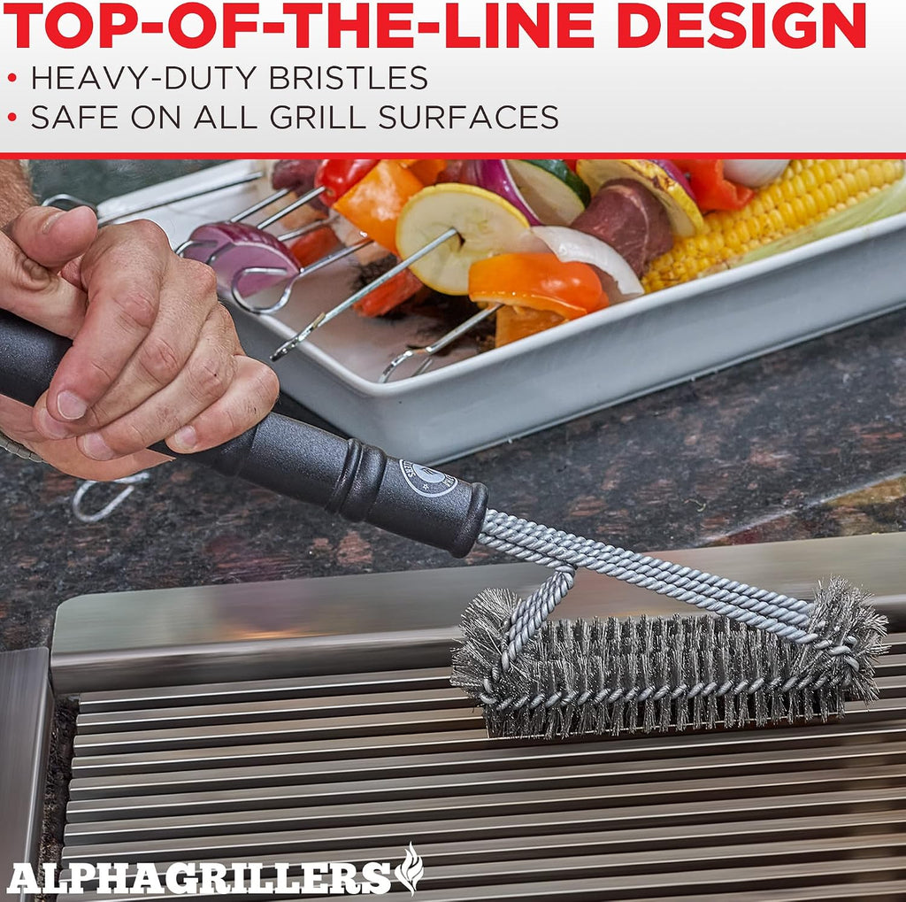 Alpha Grillers Grill Brush. Rust Proof Bbq Cleaning Scraper Accessories. Safe Stainless Steel Wire Bristle Grilling Cleaner Tools for Outdoor Barbecue Set, Incl Gas, Charcoal, Weber. Grill Brushes