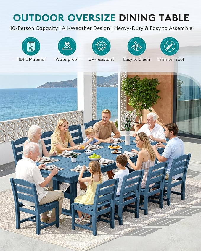 SERWALL Outdoor Dining Chairs Set of 4, All-Weather HDPE Patio Chair with 19.7" Widened Seat, for Backyard, Garden, Blue