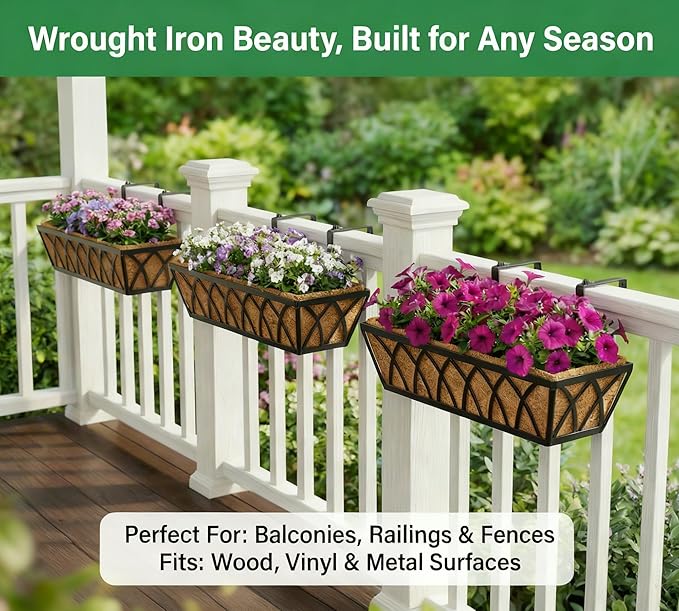 Y&M 24 Inch Window Deck with Coco Liner, Fence Metal Hanging Flower Planter Window Basket Deck Railing Planter Boxes for Outdoor Garden Lawn,6pcs