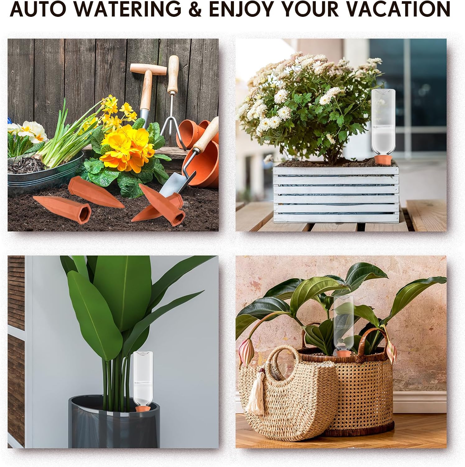 6 Sets Plant Watering Devices 6 Pcs Self Watering Spikes 6 Pcs 25 oz Plastic Bottles Slow Release Automatic Waterer Empty Liquor Bottles Terracotta Spikes for Vacation Plant (Ceramic Color)