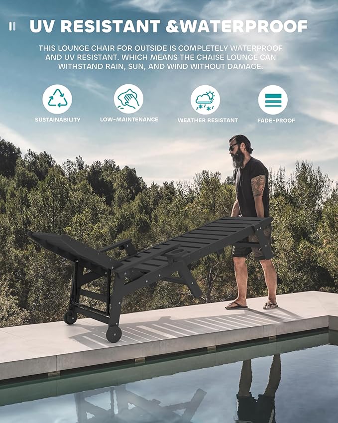SERWALL Patio Chaise Lounge Chair Set of 4, 5 Positions Adjustable Poly Outdoor Lounger for Pool, HDPE Lounge Chair with Rolling Wheels & Cup Holder for Poolside, Deck, Obsidian Black