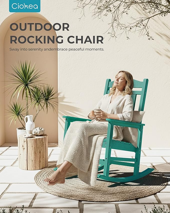 Ciokea Oversized Outdoor Rocking Chair, 380lbs Heavy-Duty Large Patio Rocker, Weather Resistant & Anti-Fade Porch Chair, High Back Cozy Rocking Chair for Outside, Fire Pit, Deck, Garden, Aruba Blue