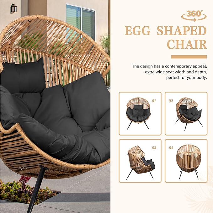 Vongrasig Outdoor Wicker Egg Chair PE Rattan Chair with Cushion, Oversized Patio Lounge Chair for Outdoor, Indoor, Balcony, Backyard, Garden, Black