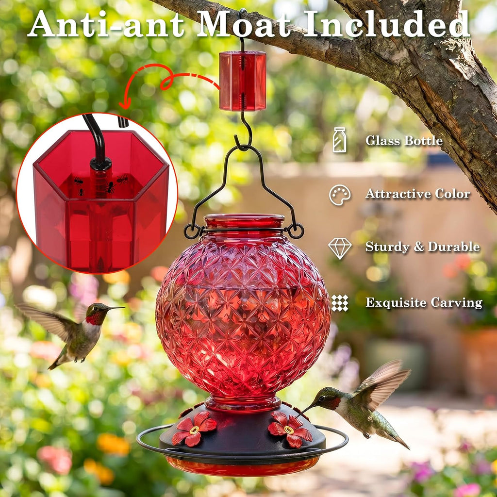 25 OZ Glass Hummingbird Feeder for Outdoors, Leak Proof Hummingbird Feeder with Ant Moat, 4 Bee Resistant Feeding Ports, Easy Clean Wide Mouth Design, Hanging Nectar Feeder, Red