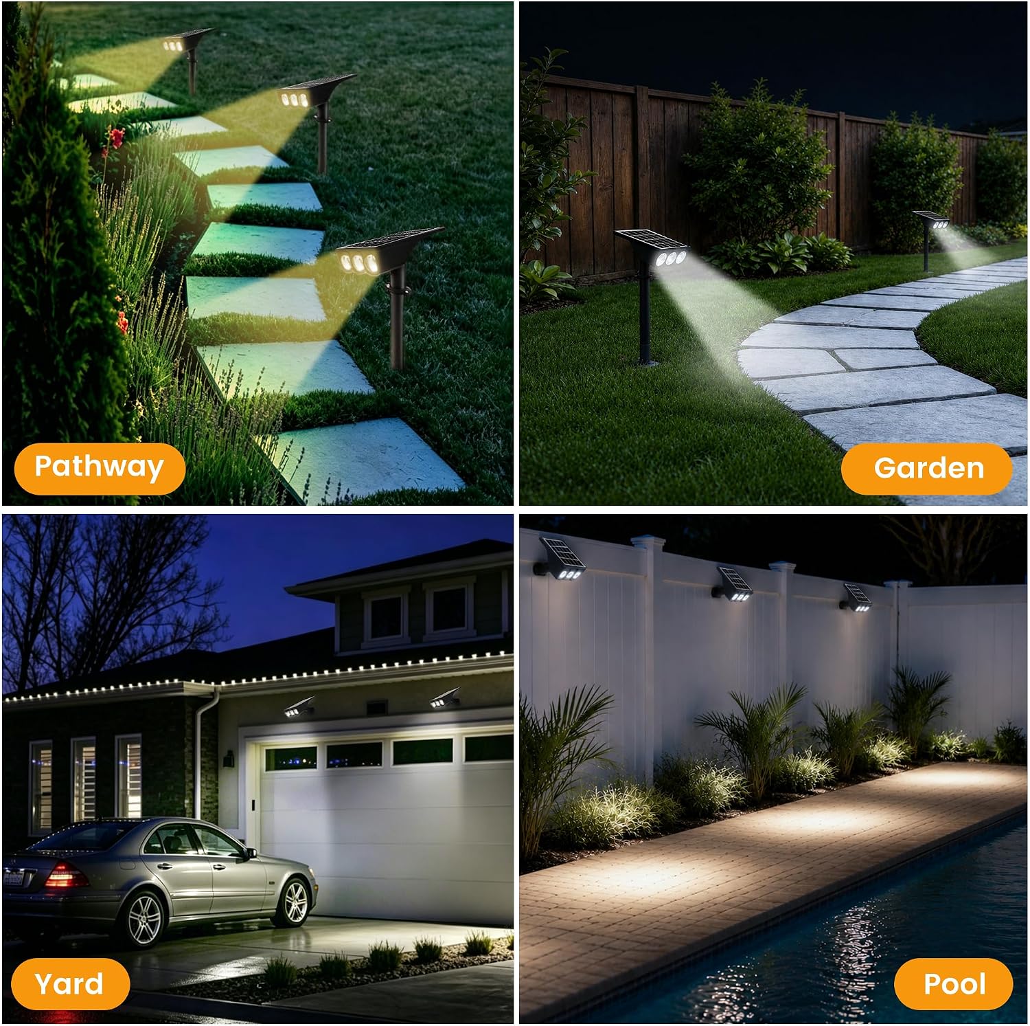 Solar Spot Lights Outdoor Waterproof IP65, 2 Lights Modes Solar Powered Landscape Lights，Outside Pathway Lights for Sign Garden Yard Walkway Driveway Decorations (4 Pack-White &Warm White)