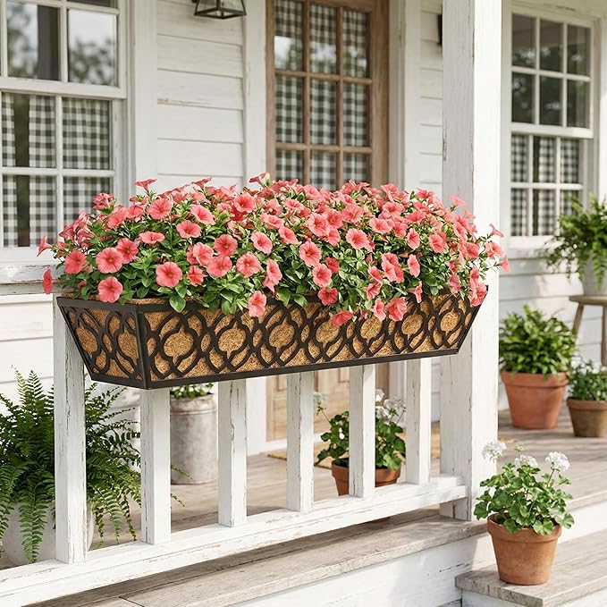 Y&M 30 inch Window Planter Box 2Pcs Iron Window Deck Railing Planter with Coco Liner, Metal Horse Troughs Fence Planter for Outdoor Balcony Rail Fence Porch Patio