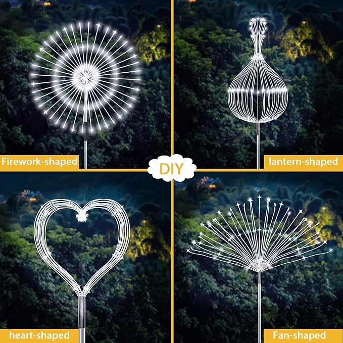 JJGoo Solar Firework Lights, 2 Pack 120 LEDs 2 Lighting Modes Solar Garden Lights Outdoor Waterproof for Yard Patio Walkway Pathway Party Wedding Christmas Decorative- Cool White