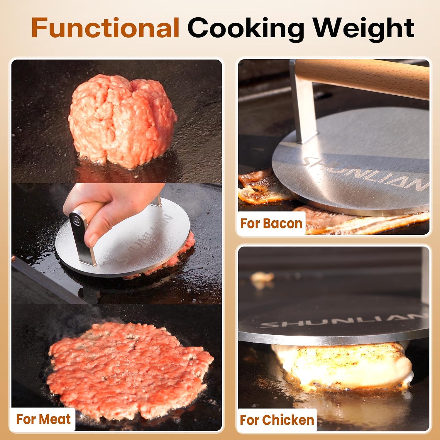 Stainless Steel Burger Smasher, 6 Inch Heavy Duty Grill Press with Wood Handle, 1.7 lb Solid Cooking Weight Press for Flat Top Griddle, Meat Press for BBQ, Fish, Chicken, Bacon & Steak