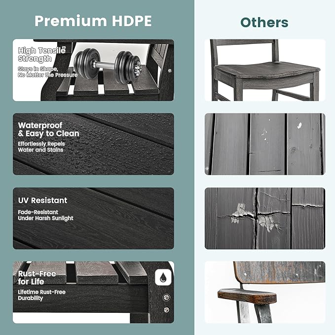 Pamapic 7 PCS Outdoor Dining Set, Spacious HDPE Outdoor Table and Chairs, Wood Grain Patio Furniture Sets with Elegant Armrest, All-Weather Patio Dining Table with Umbrella Hole, Black
