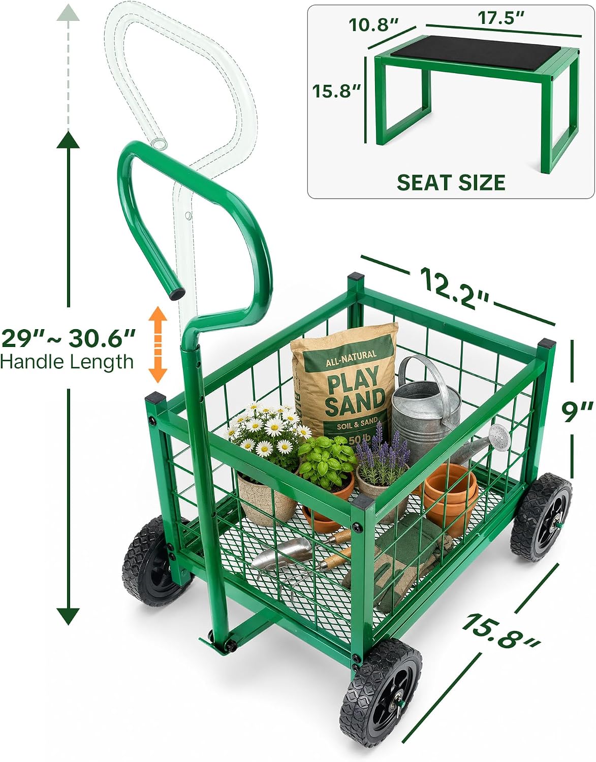 hulisen garden cart with detachable seat, rolling garden, close-up detail