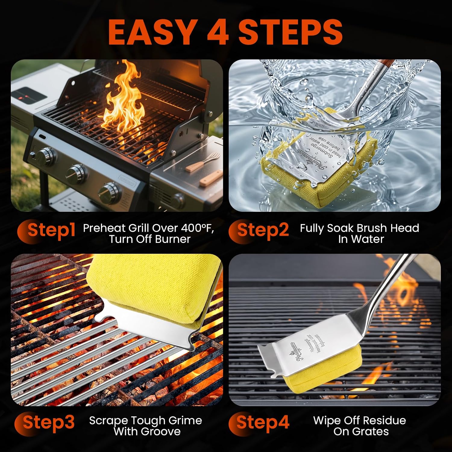 Grill Brush for Outdoor Grill, Bristle Free Grill Brush with Scraper | Safe Steam Grill Cleaner for BBQ&Griddle, Long Rosewood Handle Reaches Corners,for Porcelain,Cast Iron&Stainless Steel Grates