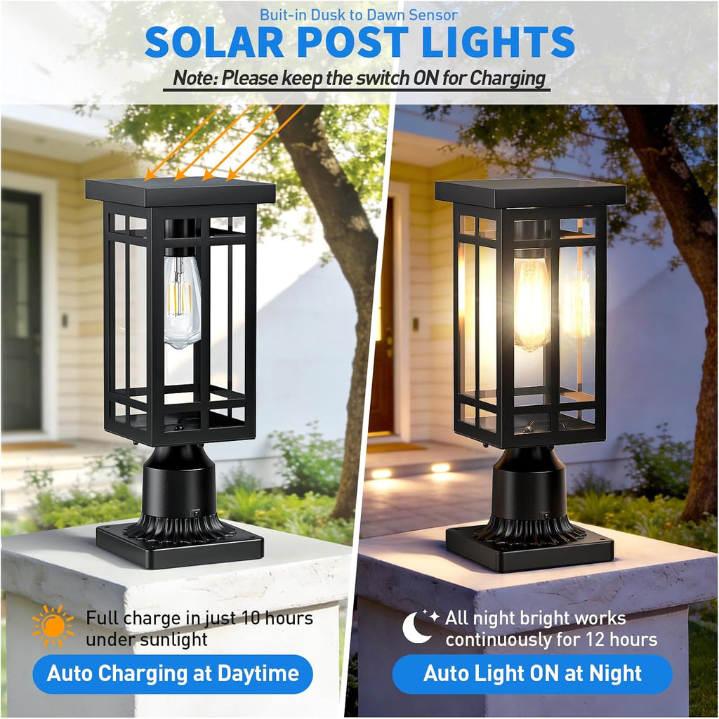 14'' Outdoor Solar Post Light, Dusk to Dawn Solar Lamp Post, Black, 1 Pack | Lamp Posts Light Fixture, Waterproof Outdoor Pole Lights for Yard Garage Porch Patio (Included Mounting Base)