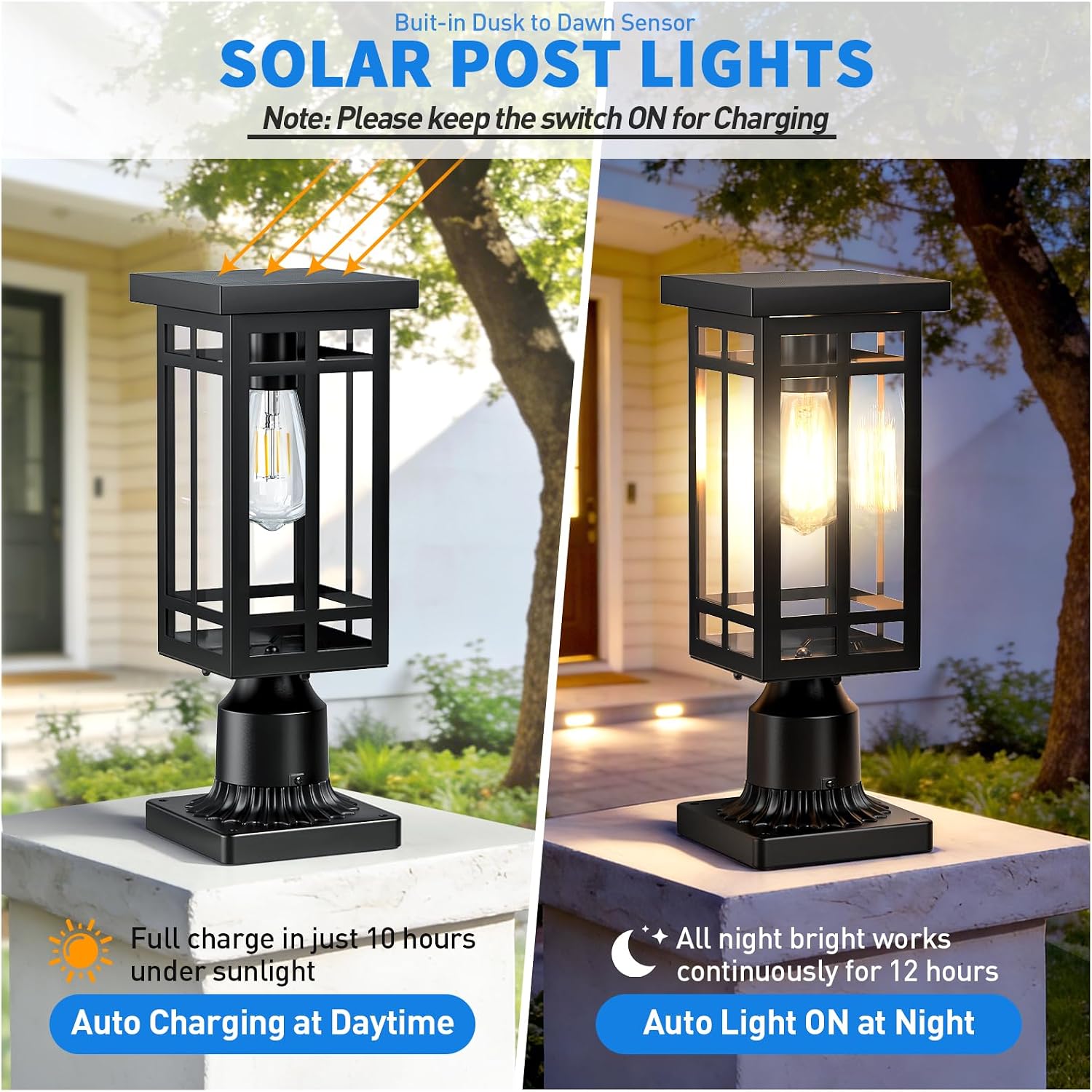 14'' Outdoor Solar Post Light, Dusk to Dawn Solar Lamp Post, Black, 1 Pack | Lamp Posts Light Fixture, Waterproof Outdoor Pole Lights for Yard Garage Porch Patio (Included Mounting Base)