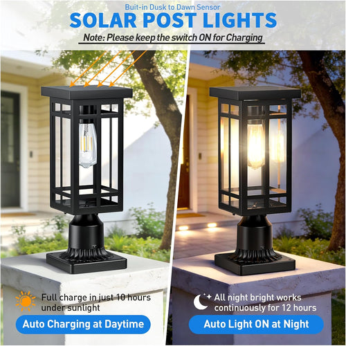 14'' Outdoor Solar Post Light, Dusk to Dawn Solar Lamp Post, Black, 1 Pack | Lamp Posts Light Fixture, Waterproof Outdoor Pole Lights for Yard Garage Porch Patio (Included Mounting Base)
