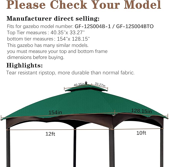 SCOCANOPY Forest Green Ripstop Replacement Top Fit for Lowe's Allen Roth 10X12 Gazebo Model #GF-12S004B-1/ GF-12S004BTO