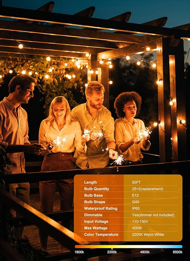 Brightown Outdoor String Lights, 50FT 25 G40 Bulbs Shatterproof Patio Lights, IP65 Waterproof Dimmable Hanging Connectable Globe LED Outdoor Lights for Backyard, Bistro, Porch, Deck, Balcony