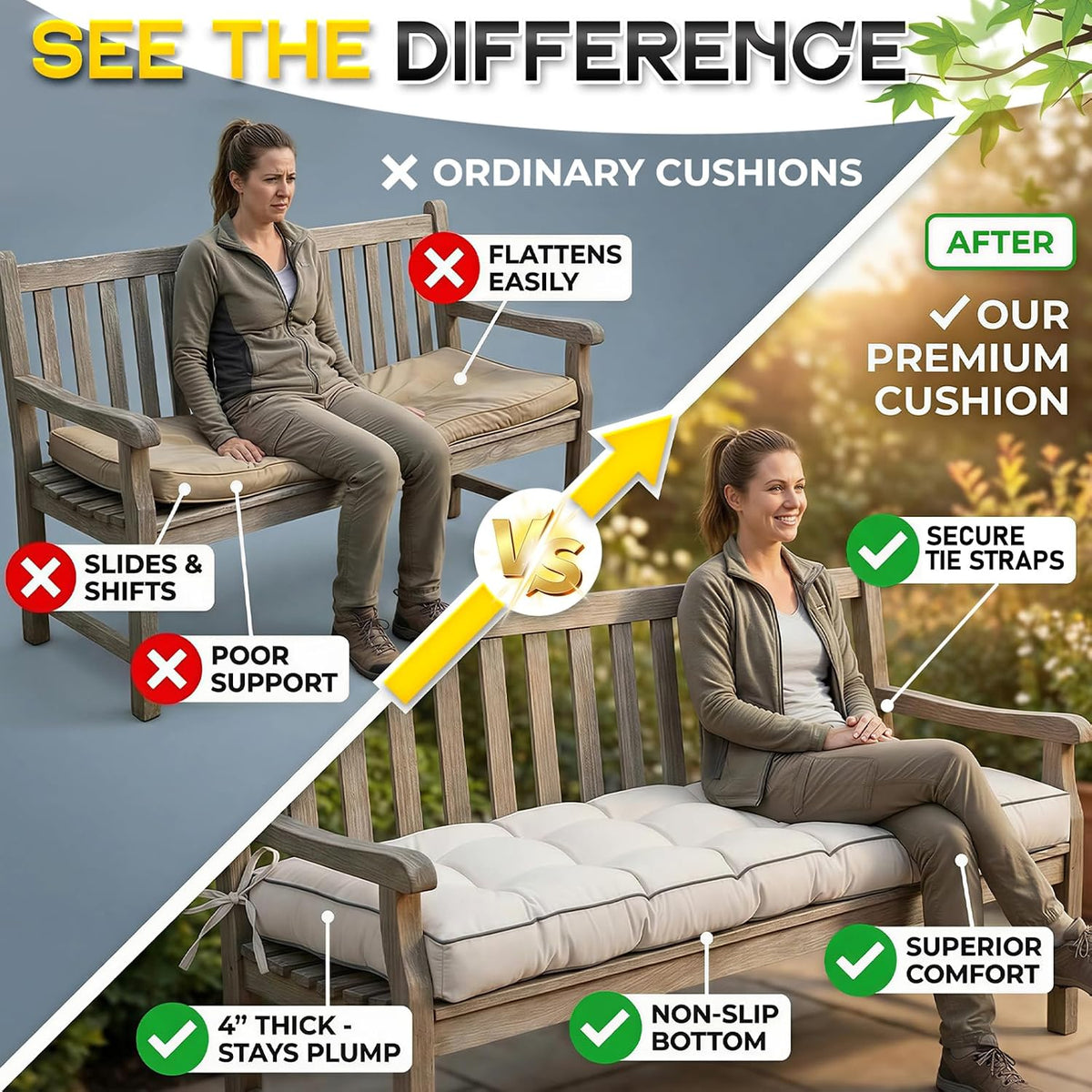 outdoor bench cushion, tufted patio seat pad for shown in use