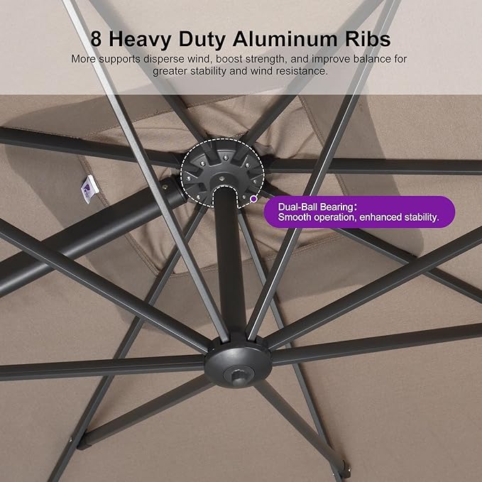PURPLE LEAF Patio Umbrella 10' X 10' Rectangle Cantilever Umbrella Large Aluminum Outdoor Umbrellas with 360-degree Rotation & UPF40+ Premium Fabric for Deck Pool Garden Yard, Ash Mocha