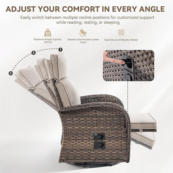 Zero Gravity Patio Swivel Rocking Recliner Chair - Wicker Outdoor Lounge Chair with Adjustable Backrest & Footrest, All Weather Reclining Rocker Chairs with Thick Cushion for Pool Deck Beige