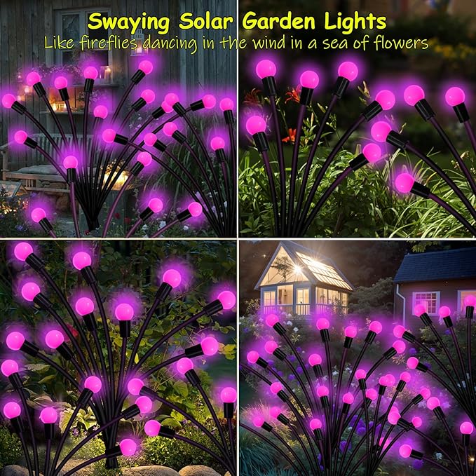 Kohlrabi Solar Garden Lights Outdoor, 6 Pack 60 LED Pink Firefly Lights Waterproof, Sway by Wind, Solar Swaying Light for Yard Patio Backyard Garden Planter Flower Bed Pathway Outdoor Decoration