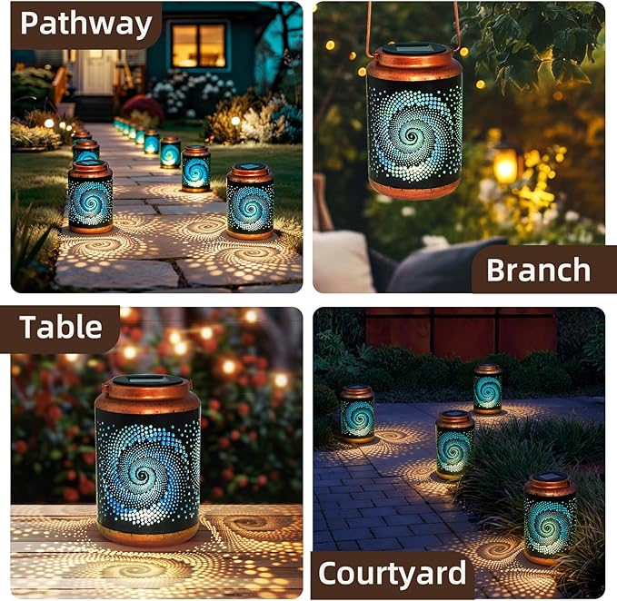 4 Pack Solar Lanterns Outdoor Hanging Metal Waterproof LED Lantern with Solar Powered Garden Patio Decorations Decor Lantern with Handle Christmas Gift Idea