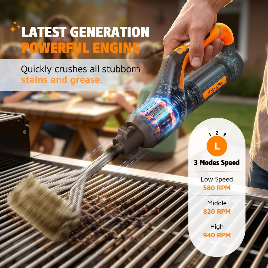 Electric Grill Brush for Outdoor Grill Rechargeable BBQ Grill Cleaner | 4 Replaceable Brush Heads, 3 Speed Modes, 940 RPM Motor, Up to 100 Minutes of Runtime, Suitable for Barbecue Grates