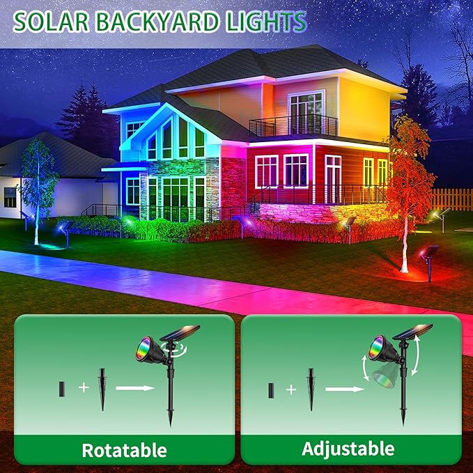 JSOT 2 Pack Christmas Solar Spotlights, RGB Solar Spot Light Outdoor Waterproof Color Changing Landscape Lighting with 9 Lighting Options Decor for Backyard Walkway Tree Lawn