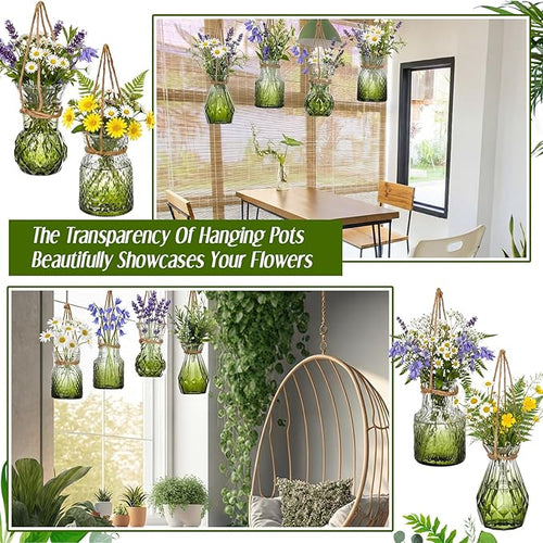 4 Pcs Stained Glass Hanging Vases Hanging Glass Planters Small Plant Terrarium Pot Containers with Rope for Garden Home Indoor Outdoor Decor, 4 Styles (Trendy)