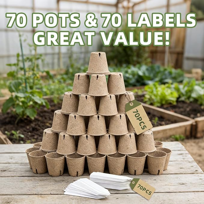 70Pcs Biodegradable 4” Peat Pots with 70Pcs Plant Labels, Biodegradable Seed Starter Pots with Drainage Holes, Nursery Pots for Seedlings, Herbs, Vegetables, Flowers, Gardening Kit