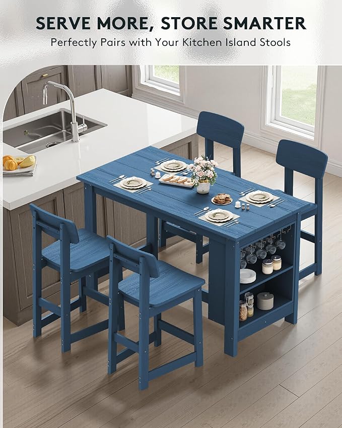 SERWALL Outdoor Bar Table, All Weather HDPE 36" Counter Height Dining Table with Storage and Wine Rack for Patio, Garden, Backyard, Balcony, Poolside, Blue