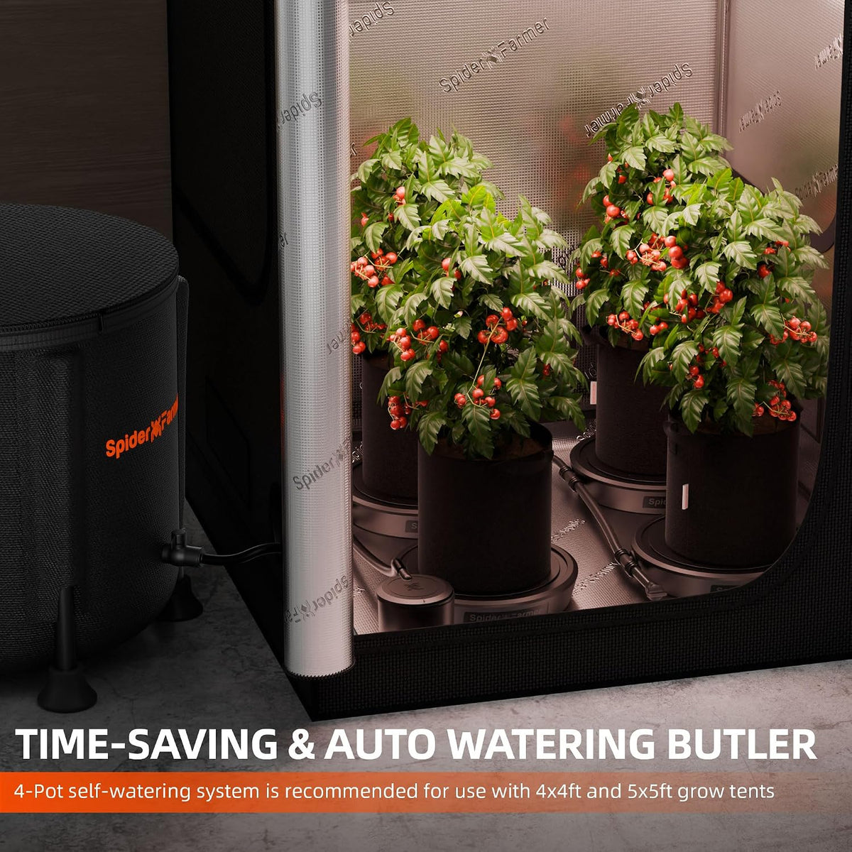 spider farmer 4 pot gravity-fed self watering system showing dimensions