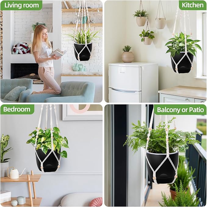 2-Pack 5.7-Inch Self-Watering Hanging Planters for Indoor & Outdoor Plants,34Inch Macrame Hanger Plant Pots Indoor with Drainage,Small Hanging Planters & Baskets,With Two Sets of Hooks（Pure black）