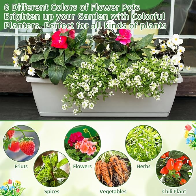 18 Pack Window Box Planter 17 Inches Rectangular Vegetable Flower Planters with Drainage Holes and Saucers Plastic Flower Pots Coloful Herb Planter for Indoor Outdoor Patio Garden Home Decor