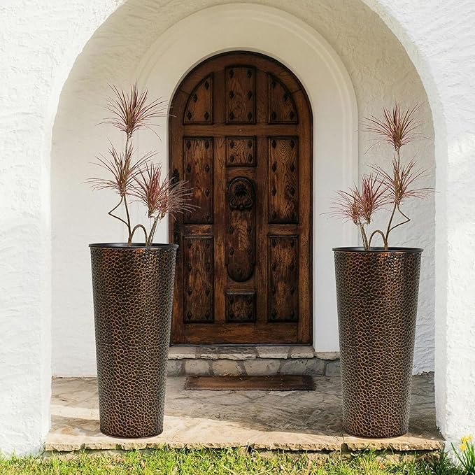 Worth 2 Pack 28" Tall Narrow Metal Planter with Inside Pot for Indoors or Outdoors, Deck, Patio or Front Porch, Hand-Hammered Texture, Bronze