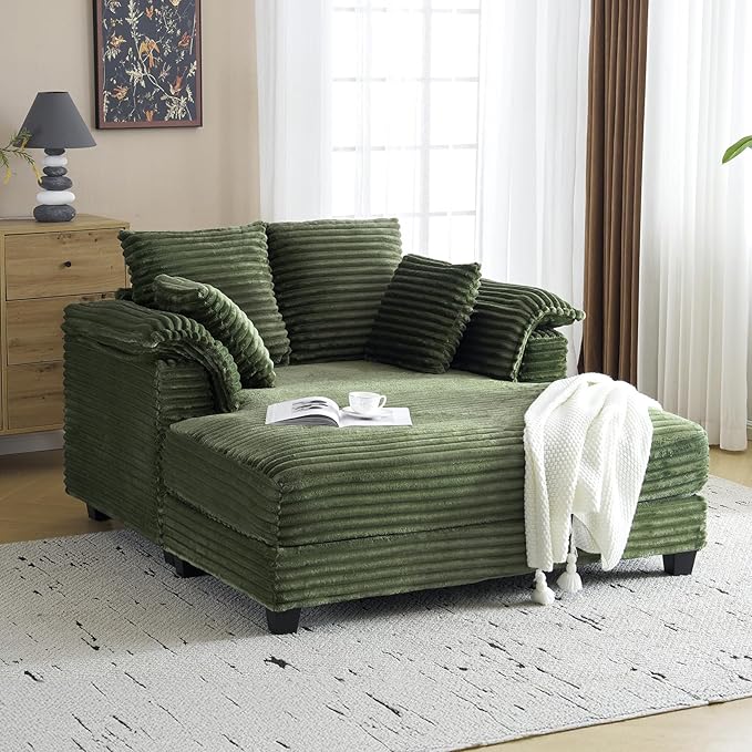 VINGLI Lounge Chair, 56" Oversized Reading Chair Corduroy Chaise Sofa Recliner Bed Upholstered Comfy Sleeper Couch with Throw Pillows and Armrests for Living Room, Movie Room, Bedroom
