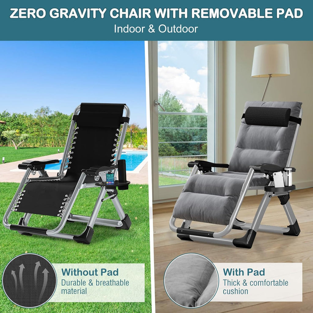 Padded Zero Gravity Chair, Folding Outdoor Lounge Chairs, Adjustable Reclining Camping Chairs with Cup Holder, Ergonomic Patio Lawn Chair for Balcony Beach Deck Yard