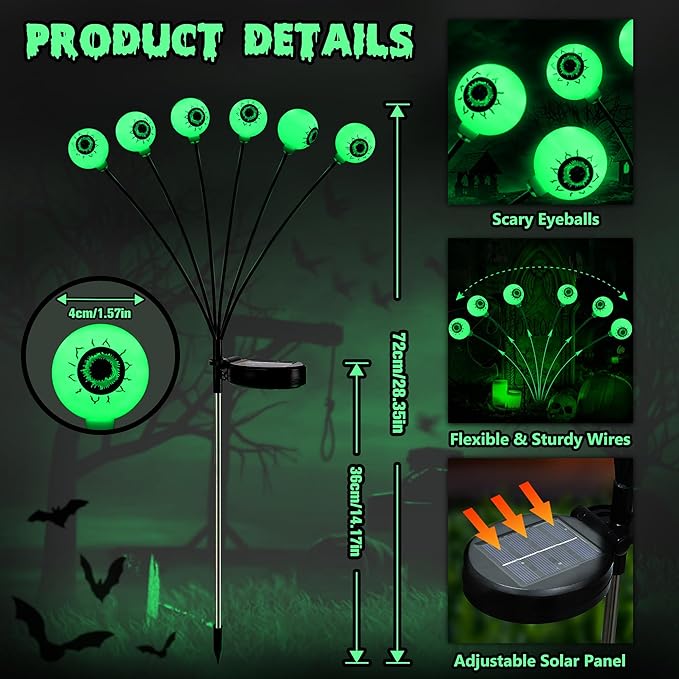 BrizLabs 6 Pack 36 LED Halloween Solar Eyeball Lights, 2 Modes Outdoor Halloween Pathway Lights, Green Solar Walkway Light Waterproof, Green Swaying Firefly Light for Outside Path Yard Garden Lawn
