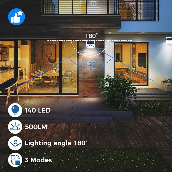 Peasur Solar Lights Outdoor Waterproof, 3Pack 140LED Bright Motion Sensor Security Lights 3 Modes, Solar Powered Fence Wall Light for Garden Yard Outside(Cool White)