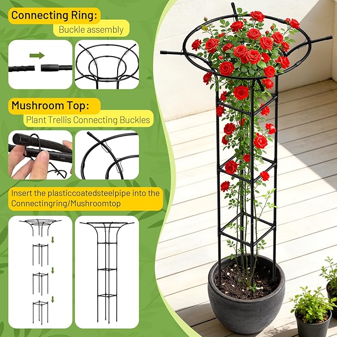 Garden Trellis for Climbing Plants Outdoor, 65 Inch Mushroom Top Trellis for Climbing Plants, Plant Trellis Support for Potted Plants Climbing Vine Rose Clematis Vegetable Trellis, 1 Pack (2)