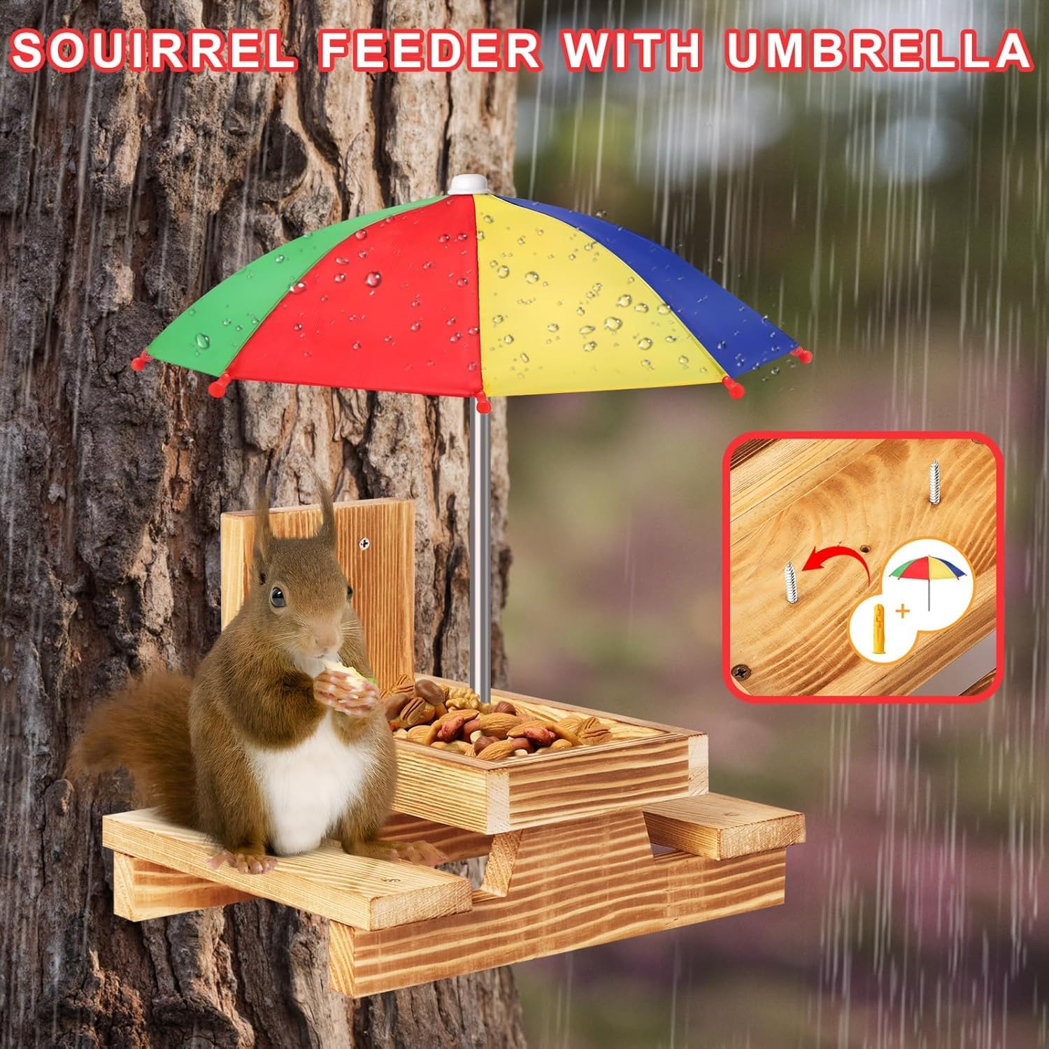 Gnodary Squirrel Feeder with Umbrella, Squirrel Feeders for Outside, Squirrel Picnic Table Feeder - Chipmunk Feeder Hold Corn, Corn Cob, Peanuts Style2 (Multiple Color)