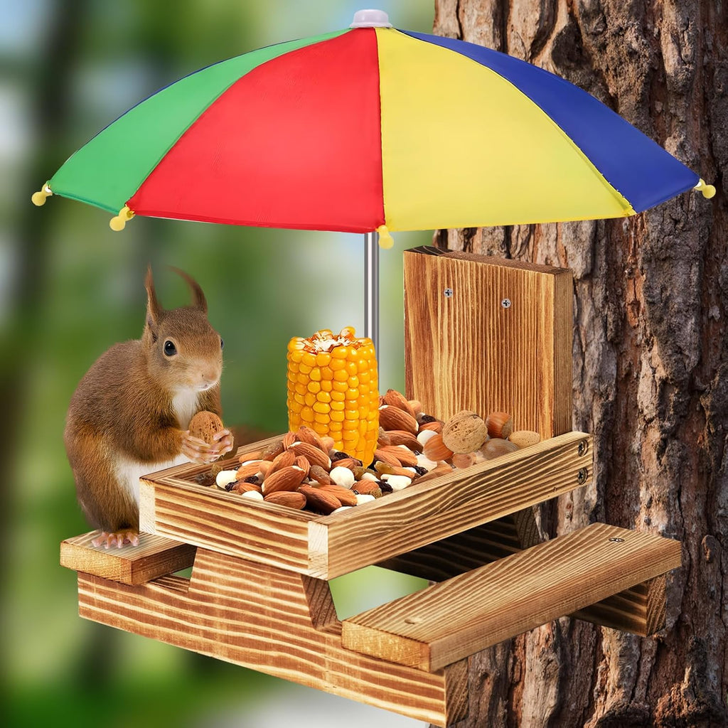 Gnodary Squirrel Feeder with Umbrella, Squirrel Feeders for Outside, Squirrel Picnic Table Feeder - Chipmunk Feeder Hold Corn, Corn Cob, Peanuts Style2 (Multiple Color)