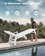 SERWALL Patio Chaise Lounge Chair Set of 4, 5 Positions Adjustable Poly Outdoor Lounger for Pool, HDPE Lounge Chair with Rolling Wheels & Cup Holder for Poolside, Deck, White