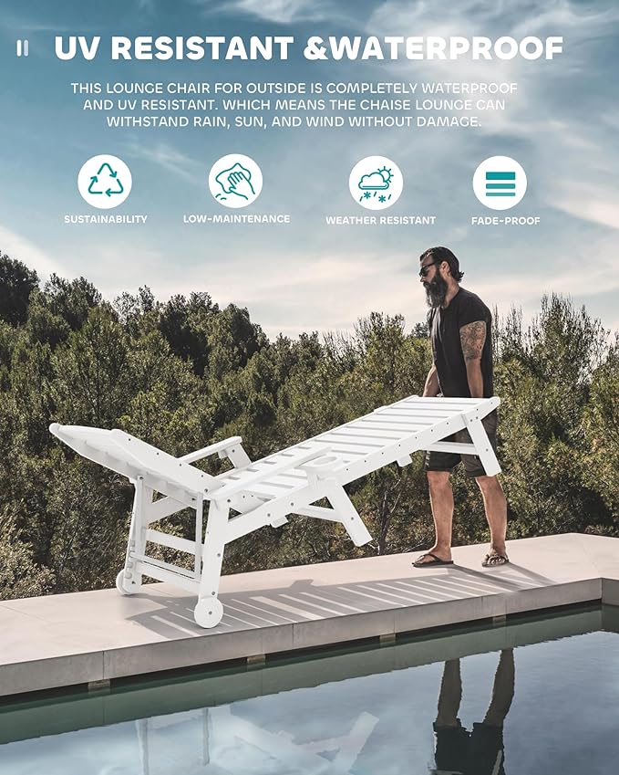 SERWALL Patio Chaise Lounge Chair Set of 2 with 9FT Patio Umbrella, 78'' HDPE Outdoor Lounger, Poly Lounge Chair with Rolling Wheels & Cup Holder for Pool,Light White (Umbreall Base not Included)