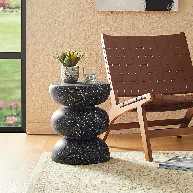 Glitzhome Outdoor Side Table, 18" H Decorative Garden Stool MGO Faux Terrazzo End Table, Heavy Duty Indoor Outdoor Round Planter Stand for Living Room Bedroom Patio Deck Poolside,Black