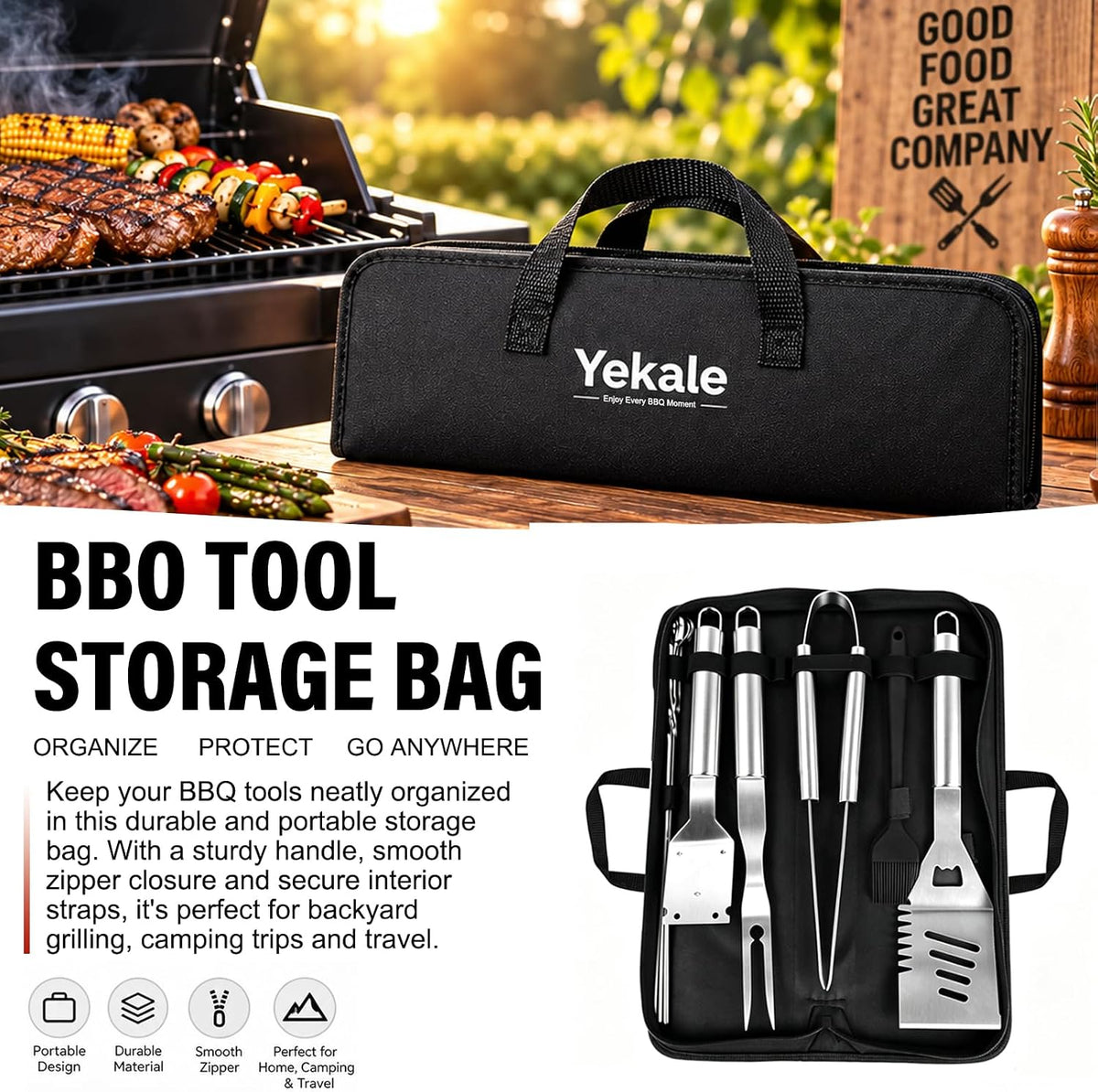 grill set, grill tools for outdoor grill utensils showing dimensions